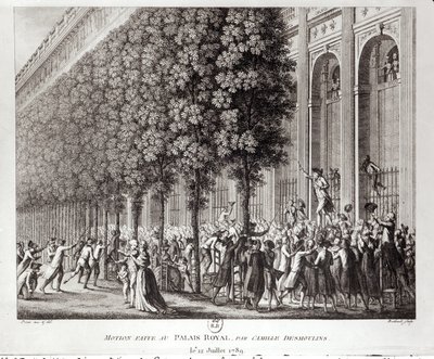 Camille Desmoulins (1760-94) Speaking at the Palais Royal, 12 July 1789, engraved by Pierre Gabriel Berthault by Jean Louis the Younger Prieur